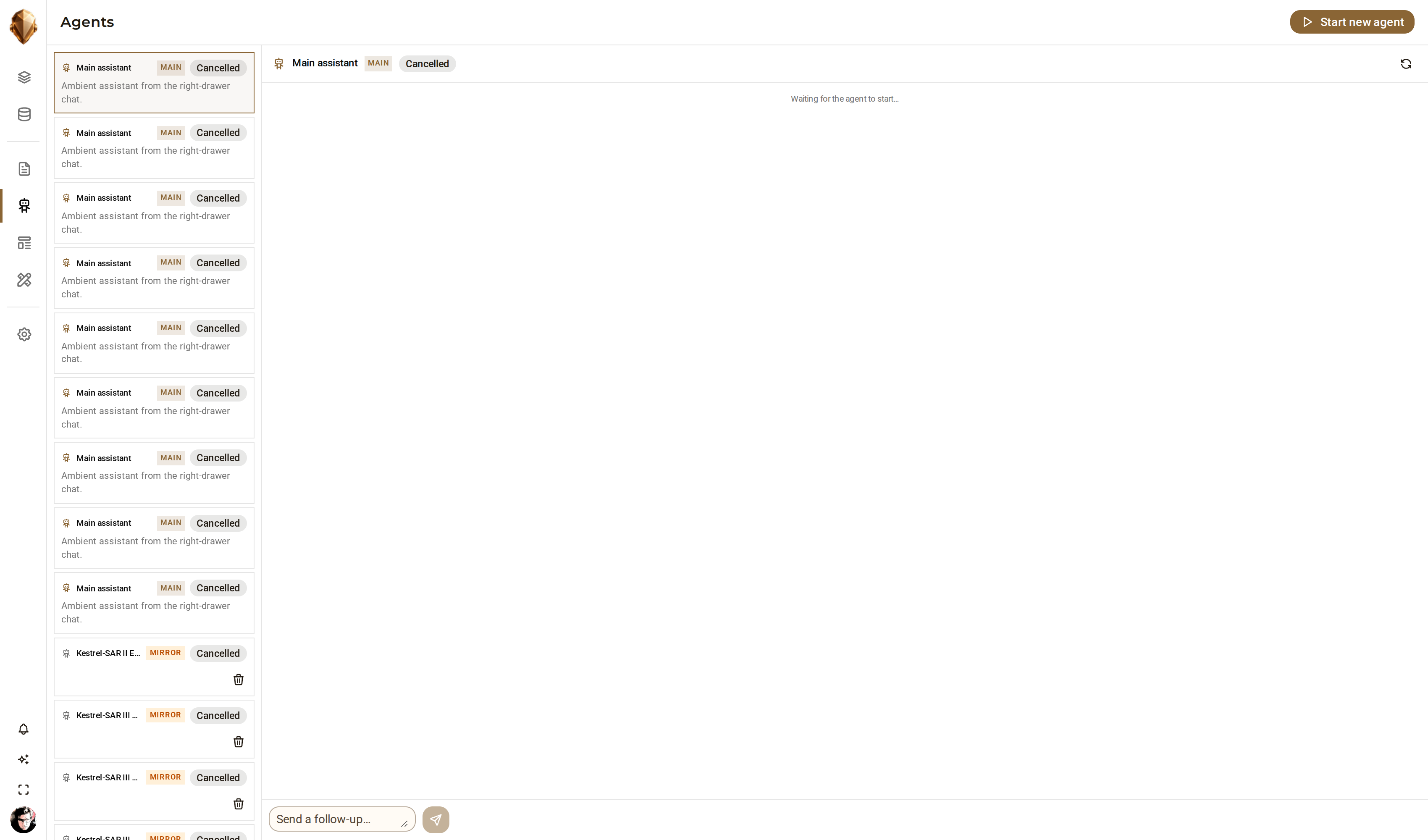 The DjiniousEngineering agent runtime: streamed reasoning, ledger tool calls over MCP, and the human approval queue for actions the autonomy policy holds back.