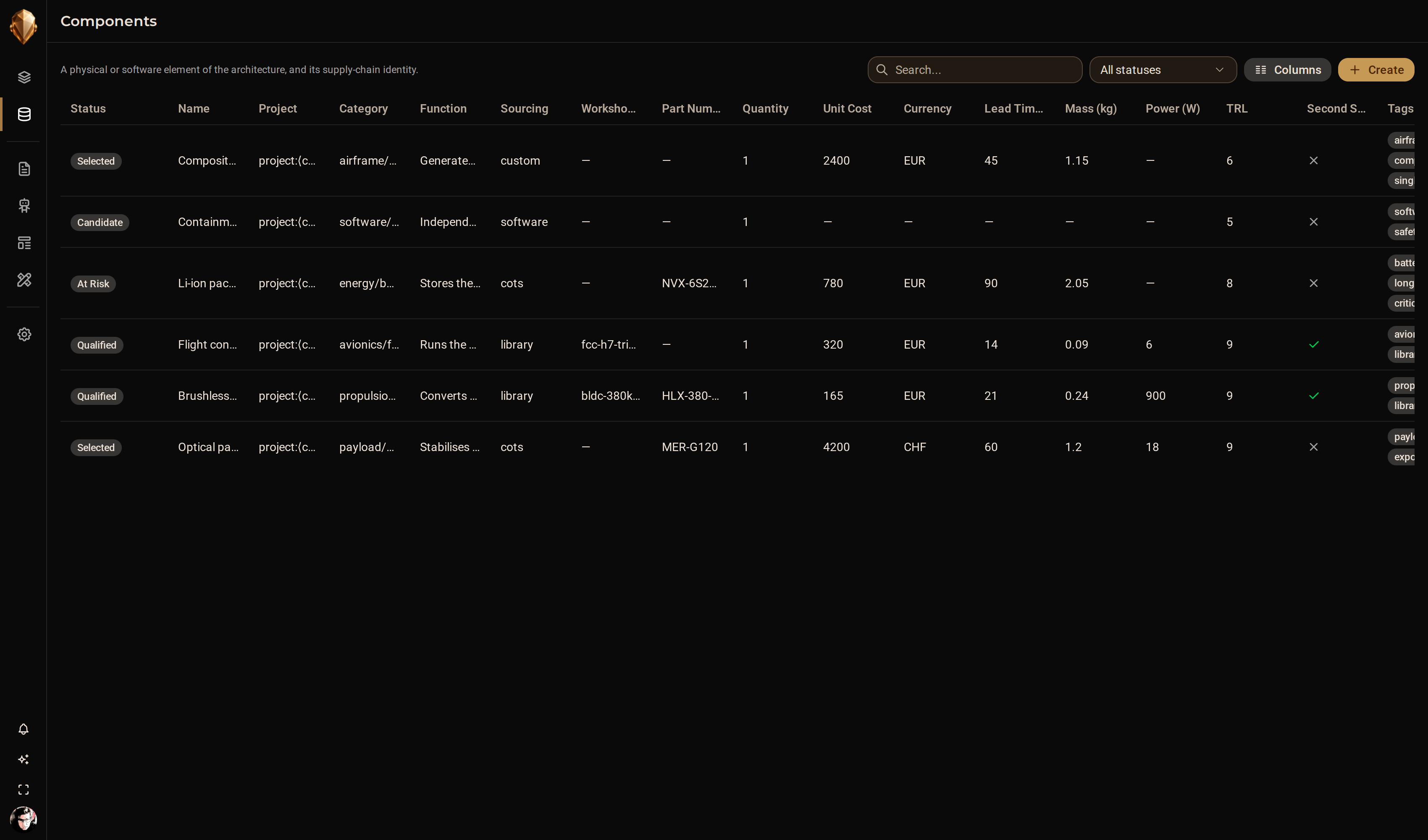 The DjiniousEngineering supply-chain view showing a bill of materials with make-or-buy, lead time and second-source columns, drawn from the component library.