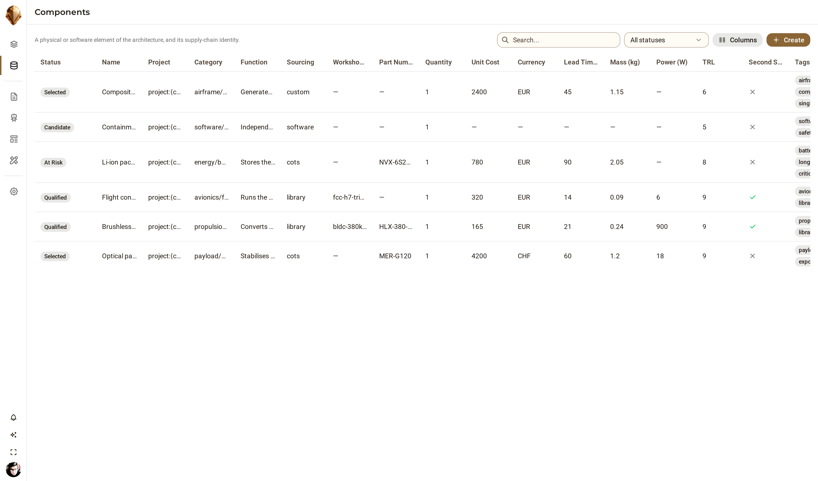 The DjiniousEngineering supply-chain view showing a bill of materials with make-or-buy, lead time and second-source columns, drawn from the component library.