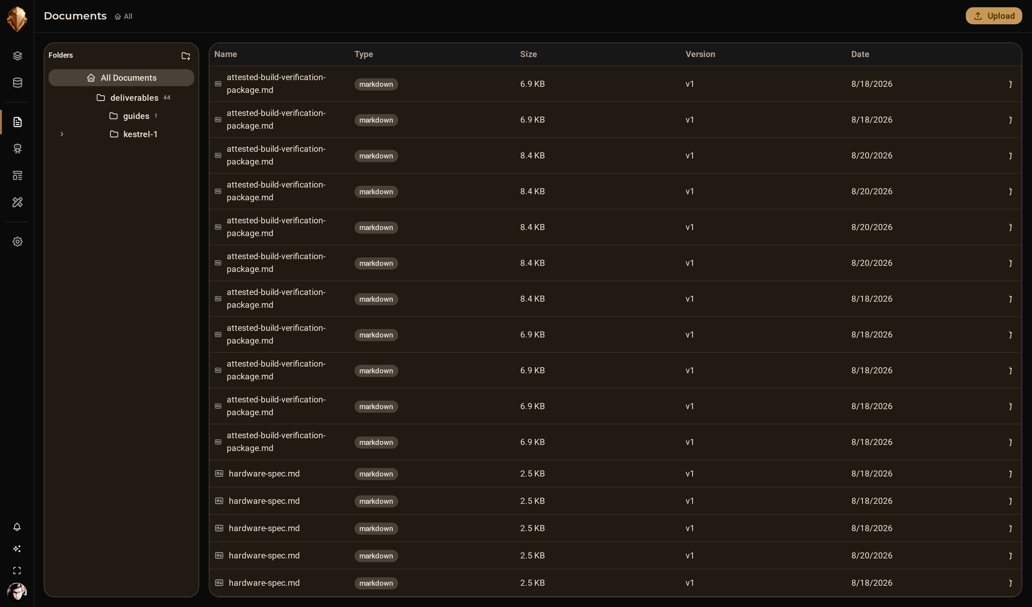 The DjiniousEngineering deliverables view exporting the Technical Data Package, each document tied to its ledger items, revisions and validation state.