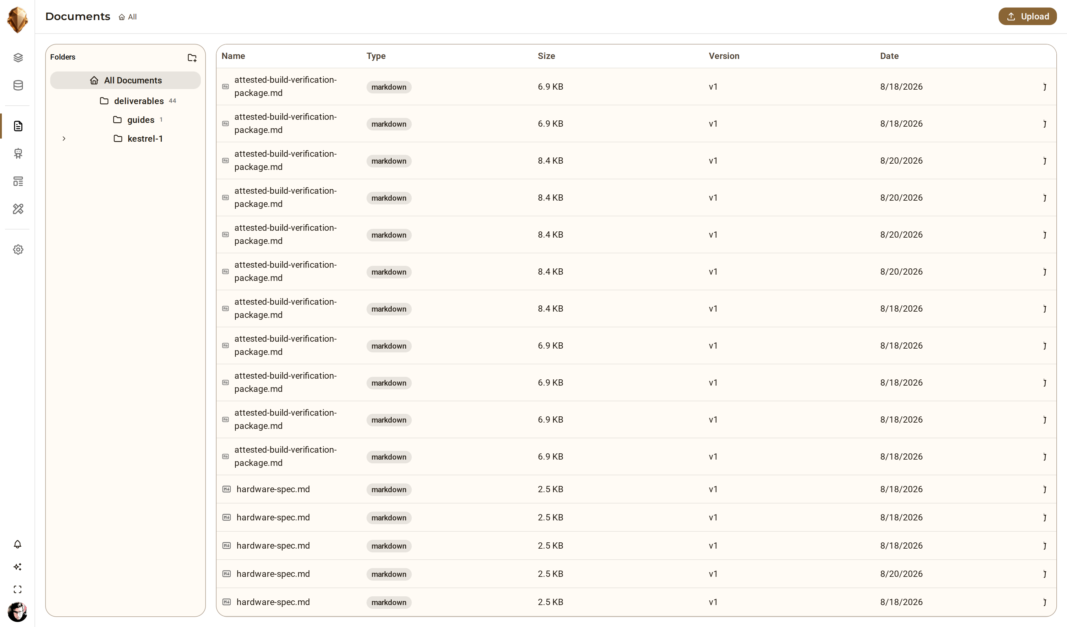 The DjiniousEngineering deliverables view exporting the Technical Data Package, each document tied to its ledger items, revisions and validation state.