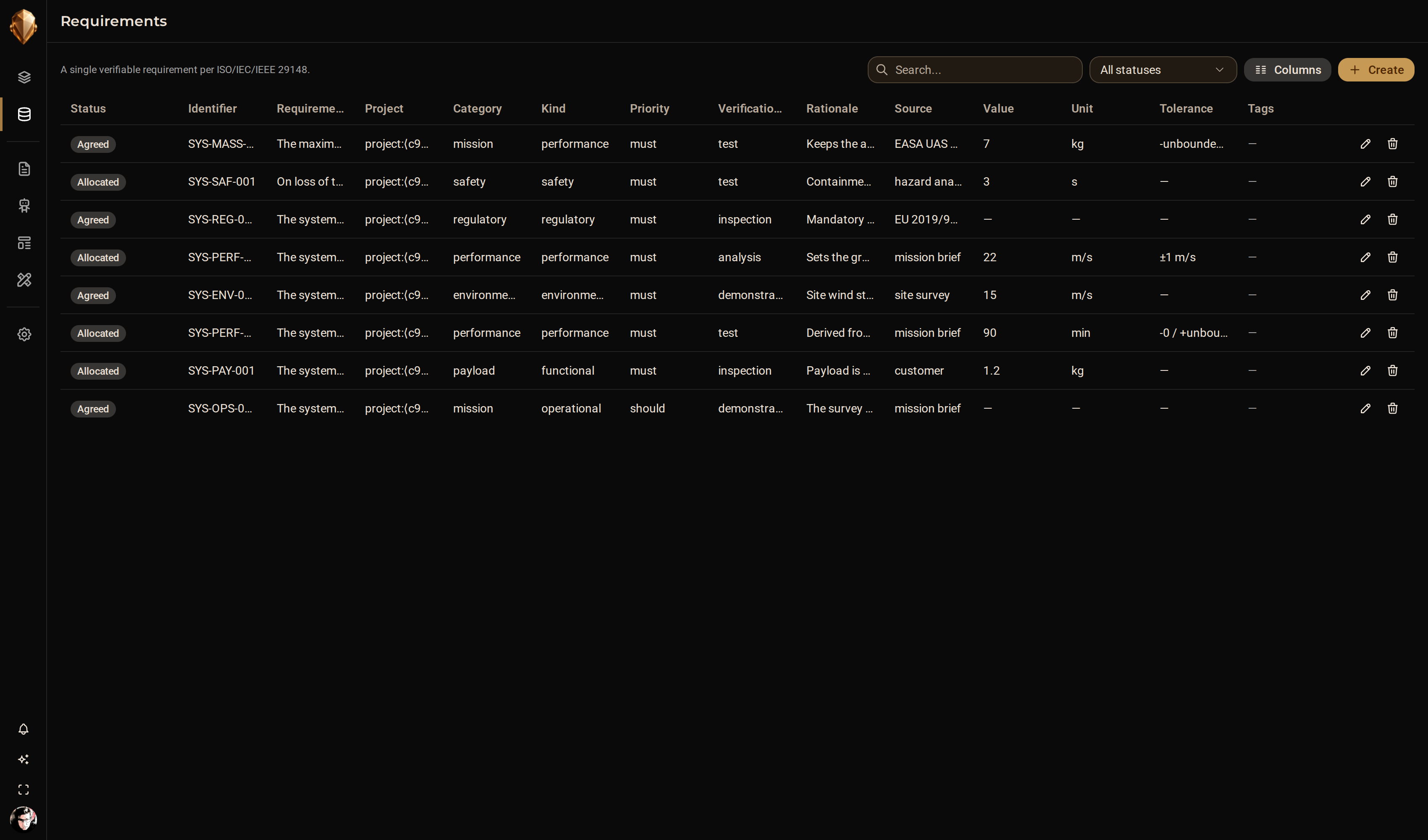 A requirements traceability table in DjiniousEngineering: requirements derived from needs, allocated to components, sourced from suppliers and closed by verification activities, each row showing its evidence class and validation state.