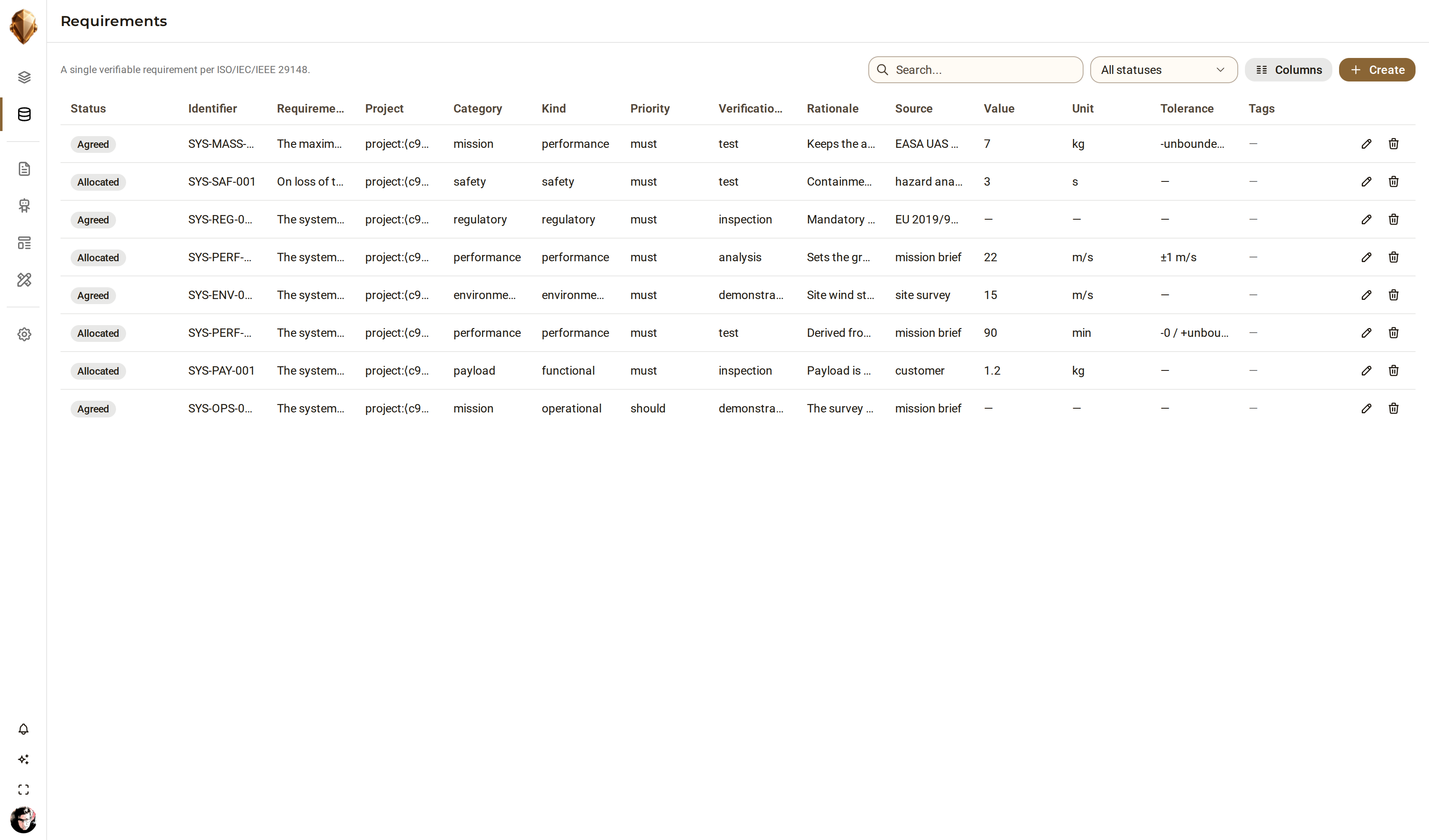 A requirements traceability table in DjiniousEngineering: requirements derived from needs, allocated to components, sourced from suppliers and closed by verification activities, each row showing its evidence class and validation state.